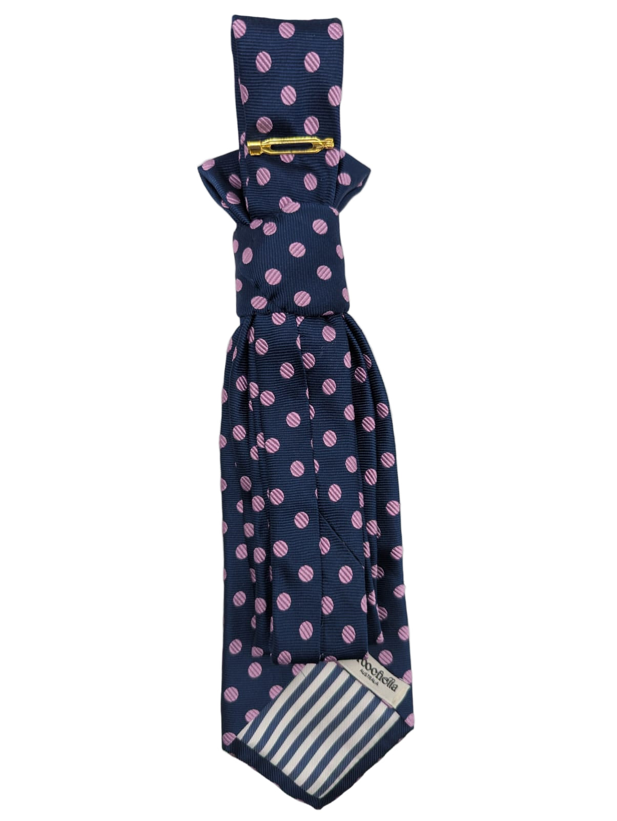 Broochella Montecristo Cravatta tie brooch pin handmade upcycled vintage embellishment designer men's women's navy pink polka dots butterfly