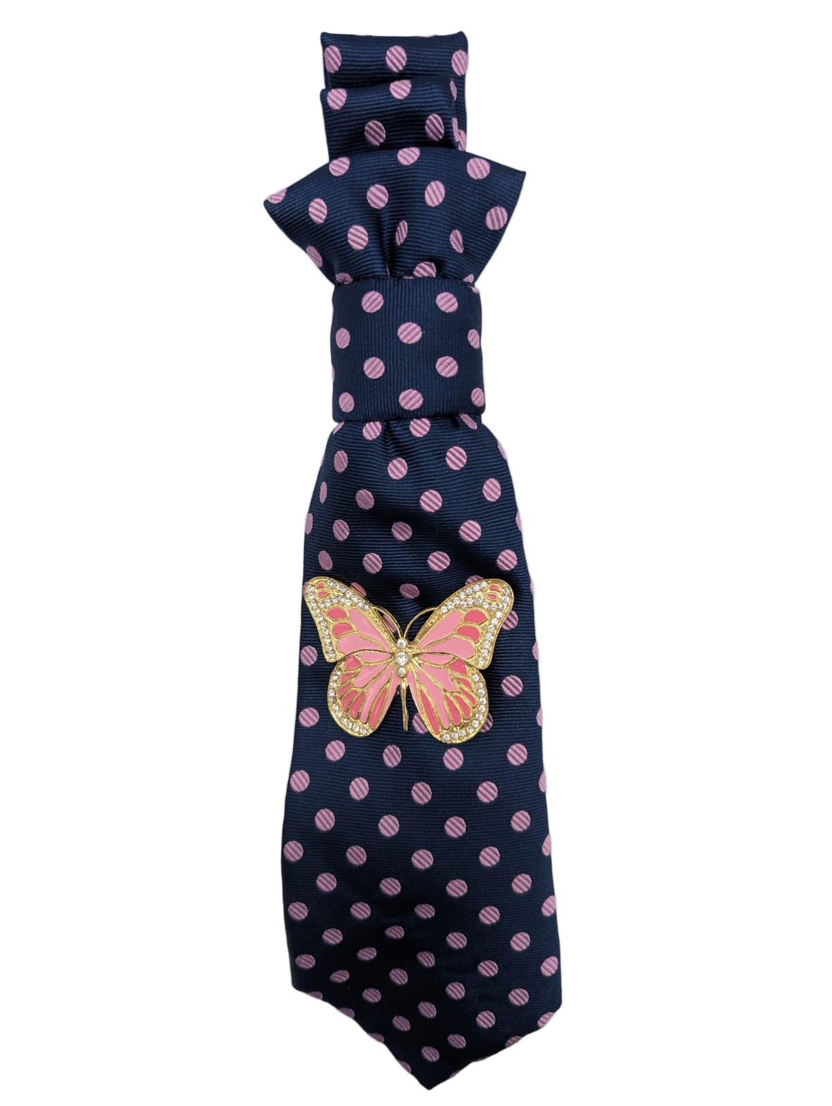 Broochella Montecristo Cravatta tie brooch pin handmade upcycled vintage embellishment designer men's women's navy pink polka dots butterfly