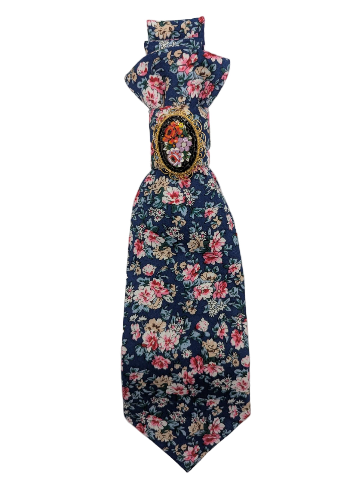 Broochella Montecristo tie brooch pin handmade luxury designer men's women's upcycled vintage embellishment blue pink floral 