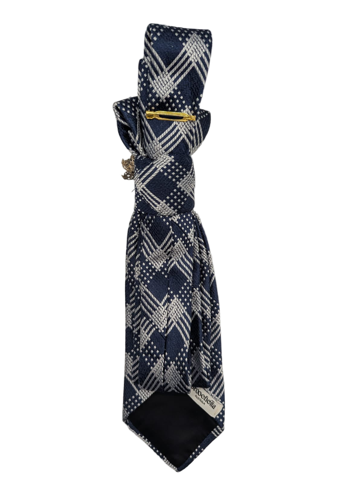 Broochella Montecristo cravatta tie brooch pin handmade luxury designer men's women's upcycled vintage embellishment blue white check silver flower