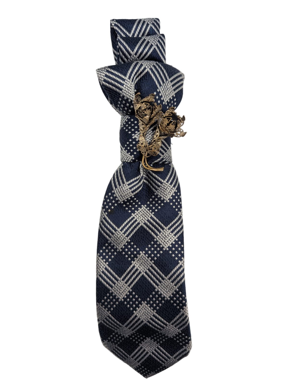 Broochella Monecristo tie brooch pin handmade luxury designer men's women's upcycled vintage embellishment blue white check silver flower