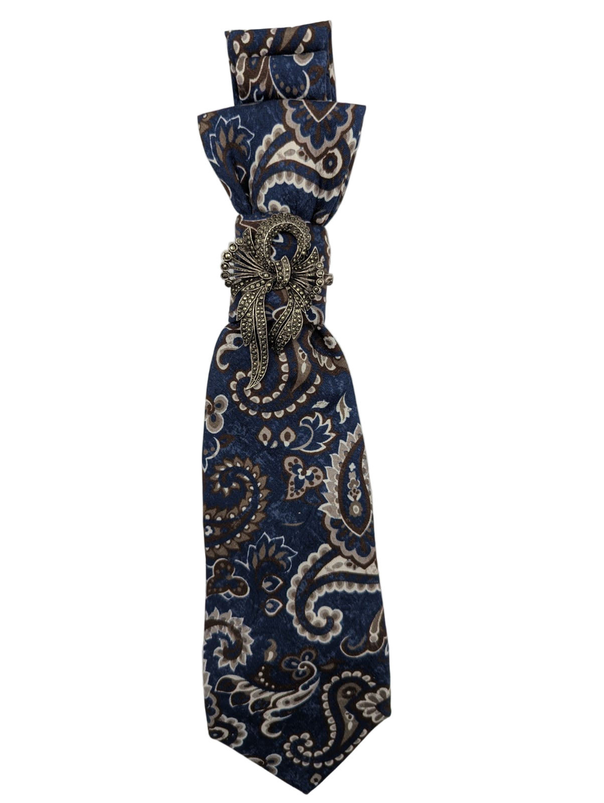 Broochella Montecristo tie brooch pin handmade luxury designer handmade men's women's vintage embellishment blue paisley silver