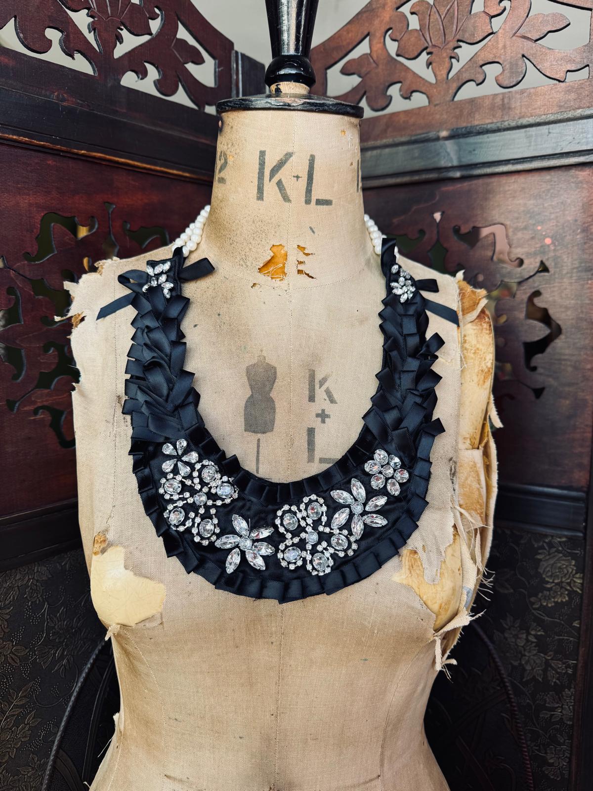Maison Broche L'Amour Parè Necklace Bib black satin crystal handmade luxury designer 