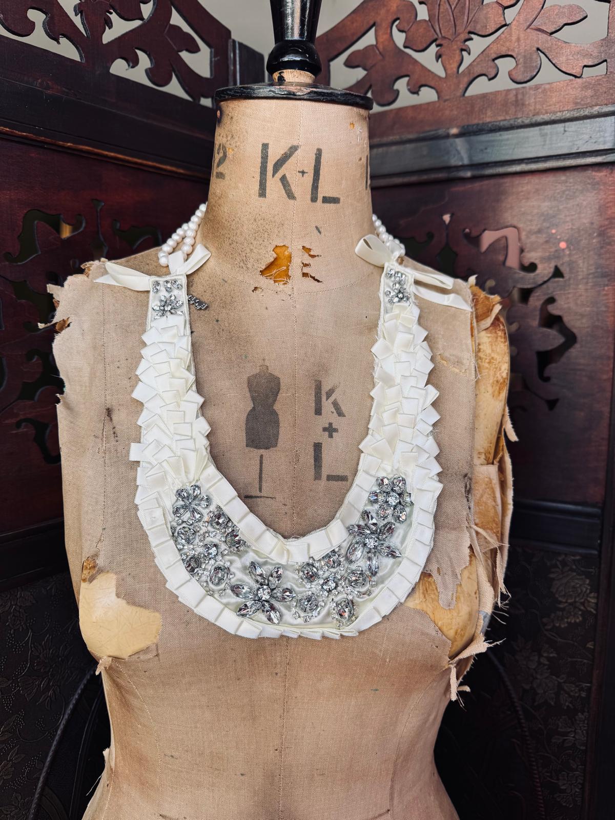 Maison Broche La Lumière Blanche Necklace Bib ivory satin crystal embellishment luxury designer hanmade 
