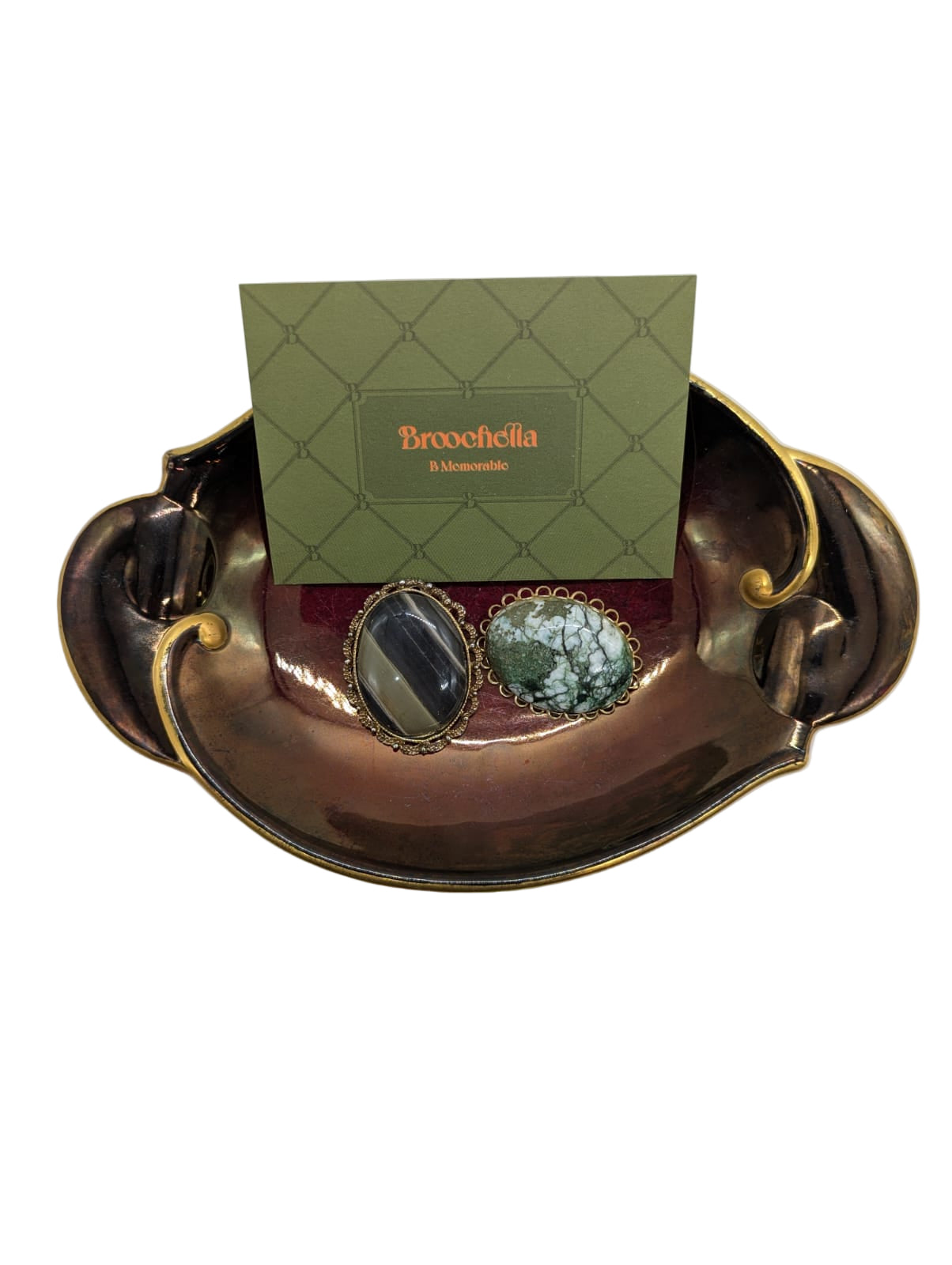 Broochella Terra di Toscana Vintage brooch duo green stone cabochon gold metal men's women's luxury designer 