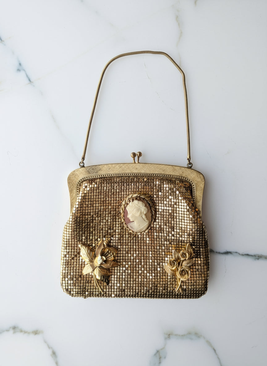Maison Broche “La Dame d’Or” Vintage Evening Bag gold mesh vintage brooch embellishment luxury designer