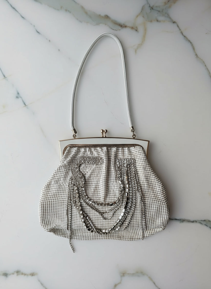 Broochella Maison Broche- L’Orchidée Blanche Bag white vintage mesh bag flower crystal brooch embellishment upcycled designer luxury