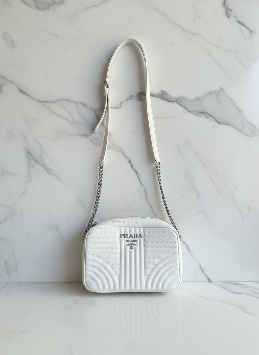 Prada white leather camera bag pursesilver metal strap luxury designer