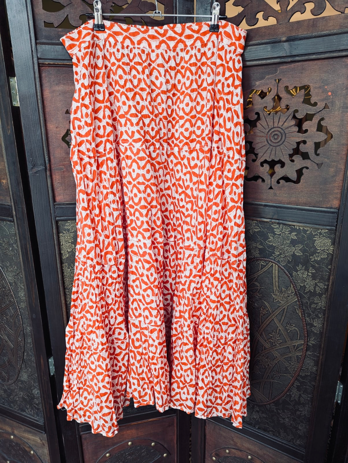 Namastai cotton maxi skirt tiered elastic waist red white print 