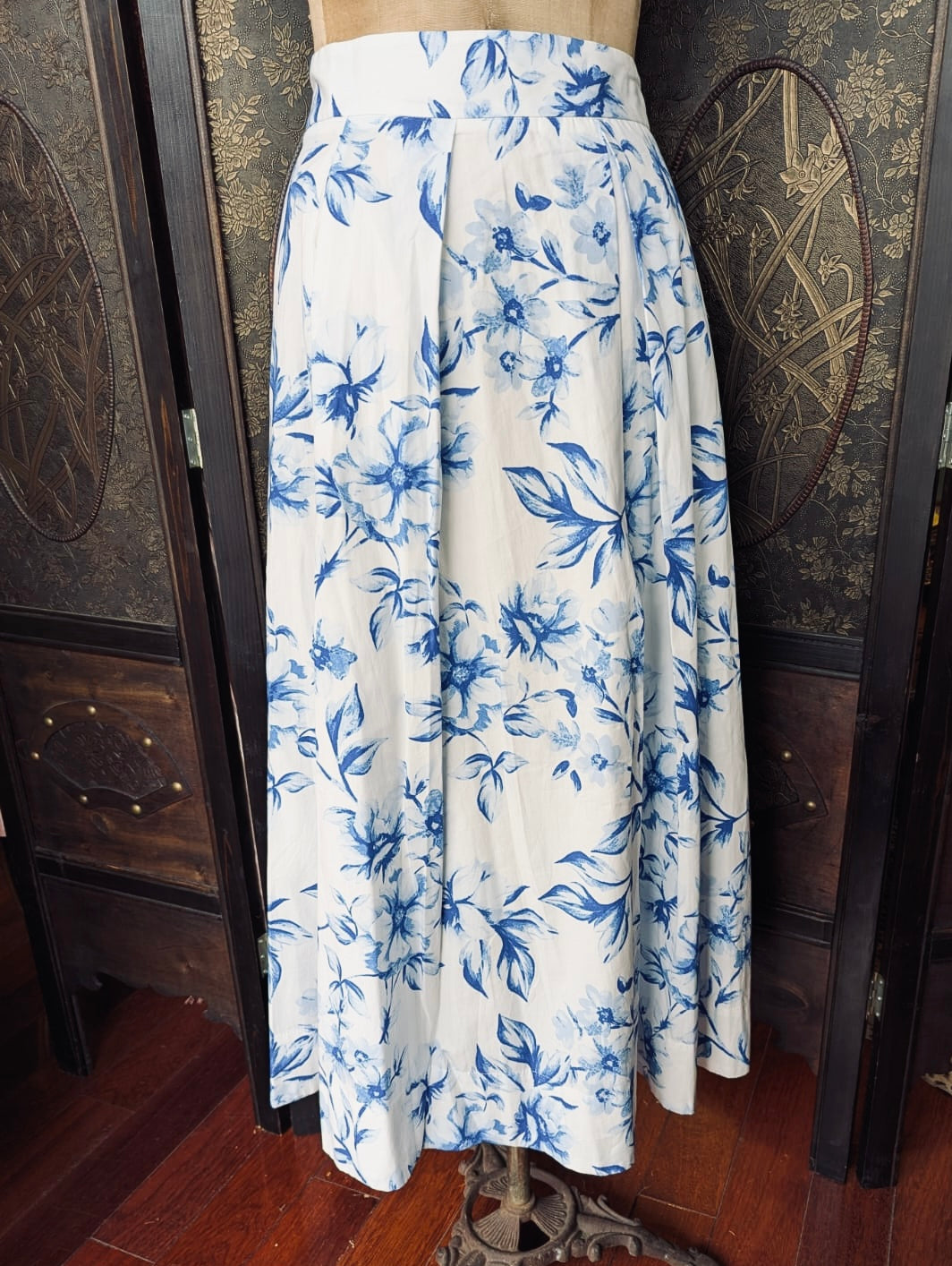 Zara white blue floral cotton maxi skirt 