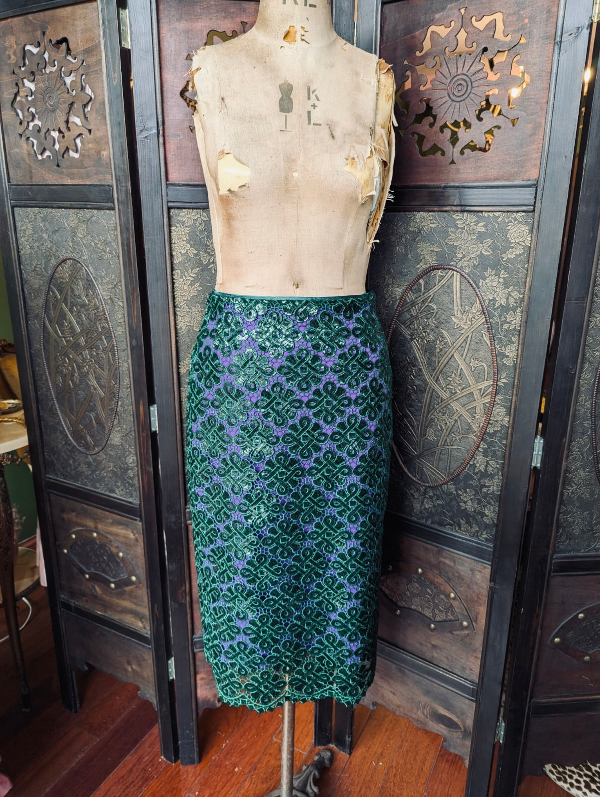 Essentiel Antwerp lace midi skirt green purple luxury designer 