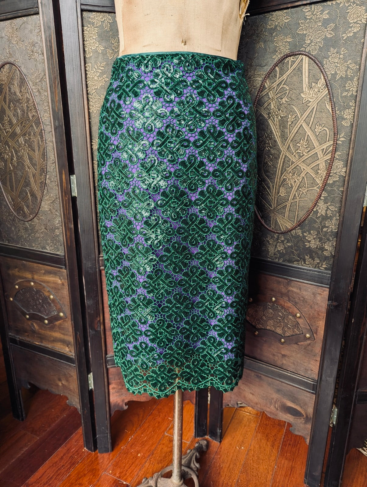 Essentiel Antwerp lace midi skirt green purple luxury designer 