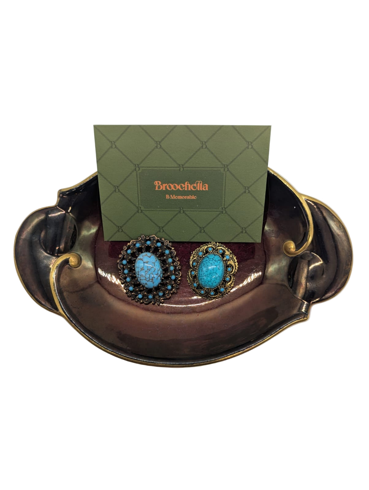 Broochella Il Turchese Gemello Vintage Brooch Pin Duo Turquoise cabochon gold tone metal collectable designer luxury men's women's 