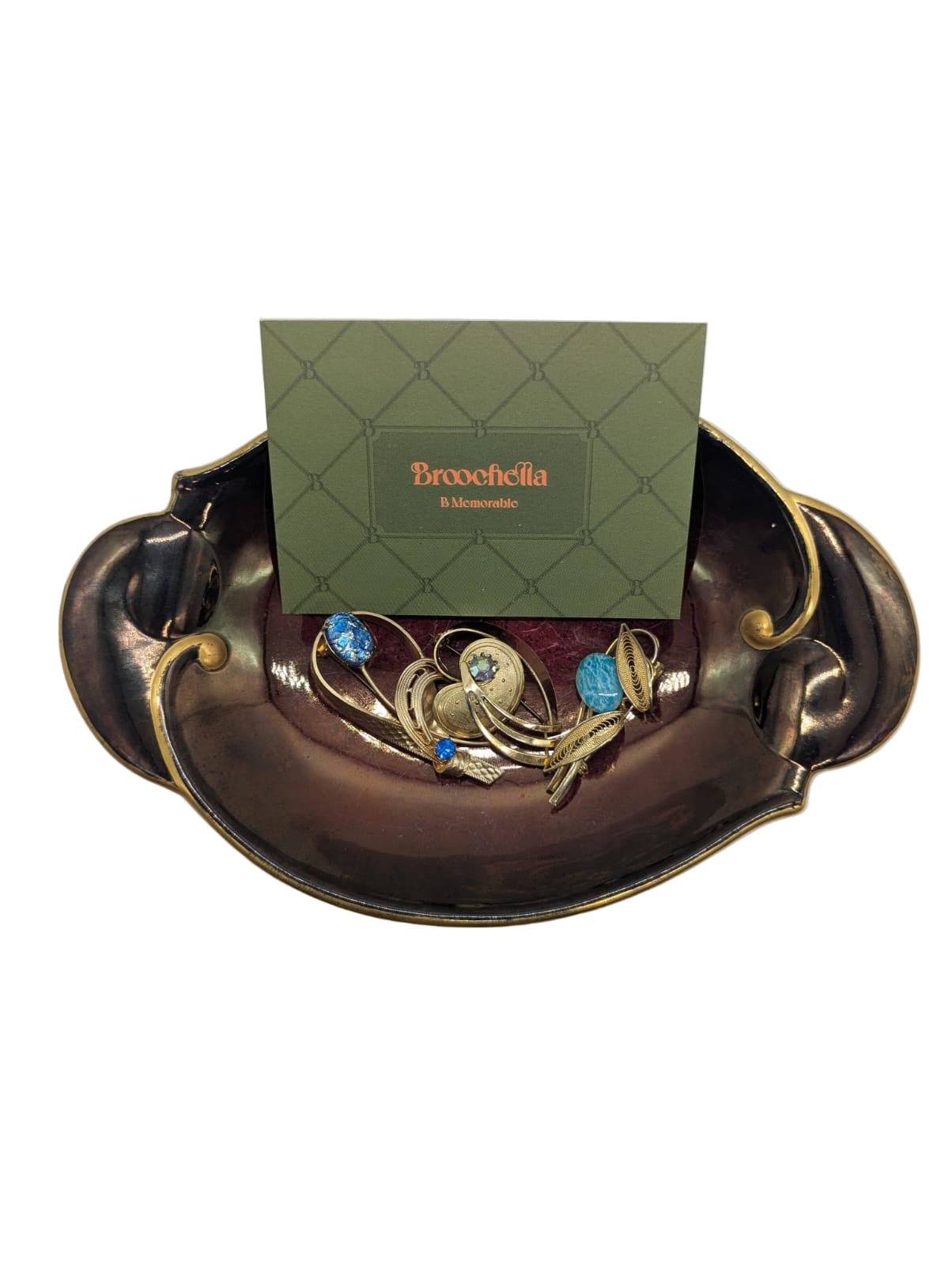 Broochella Le Sirene Blu Vintage Brooch Pin Trio Gold tone metal blue stones Collectable designer luxury men's women's 