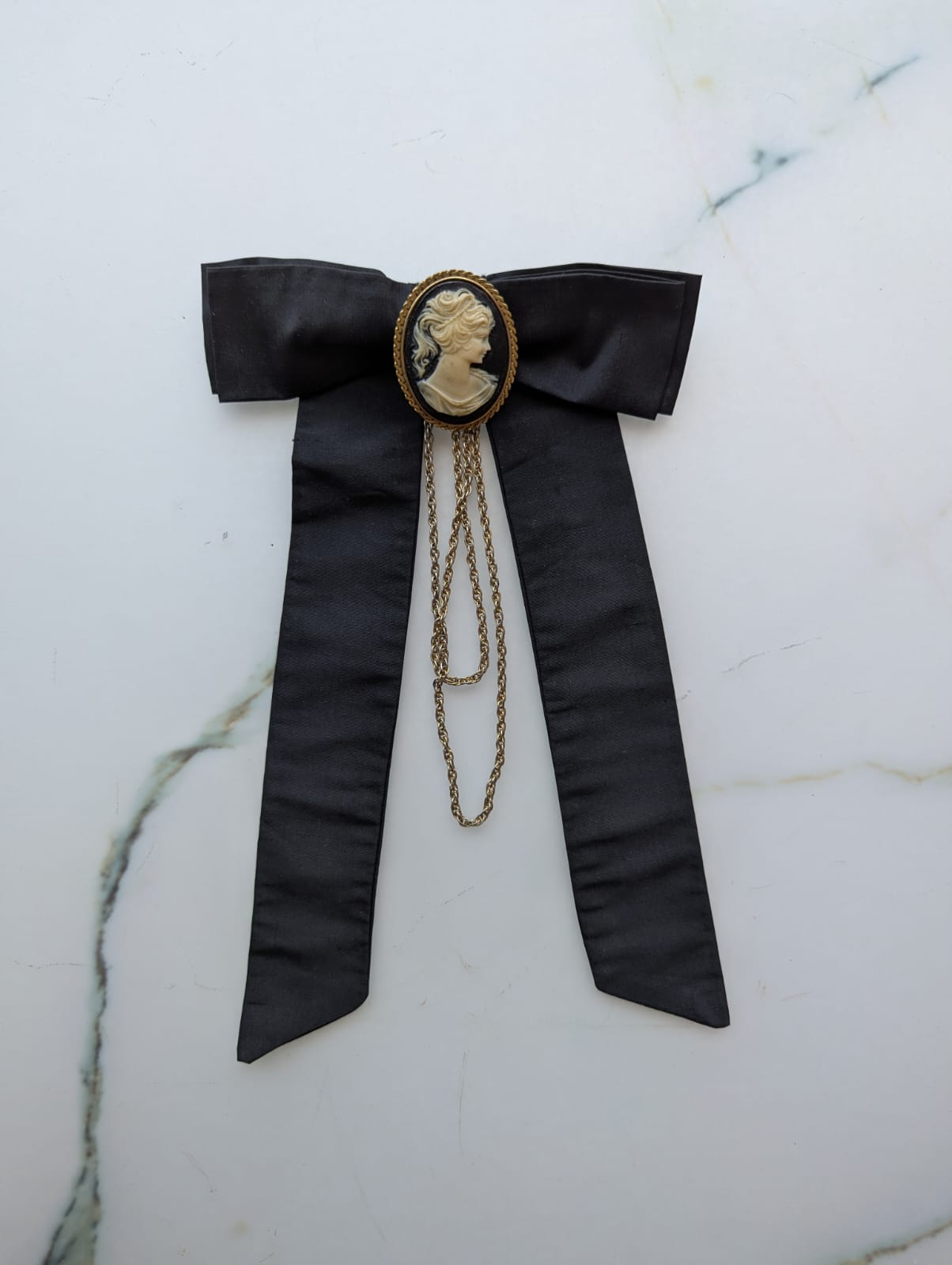 Cameo della Contessa Bow Brooch Pin black silk bow cameo and chain embellishment luxury designer handmade men's  women's 