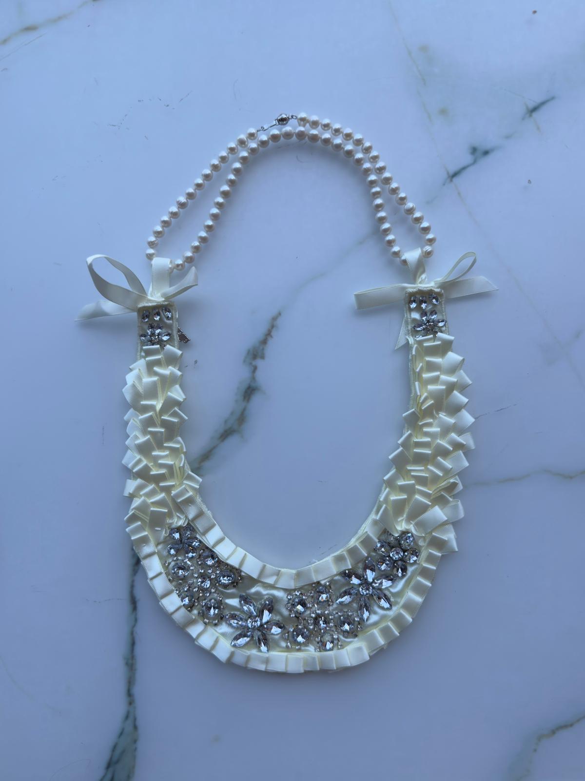 Maison Broche La Lumière Blanche Necklace Bib ivory satin crystal embellishment luxury designer hanmade 