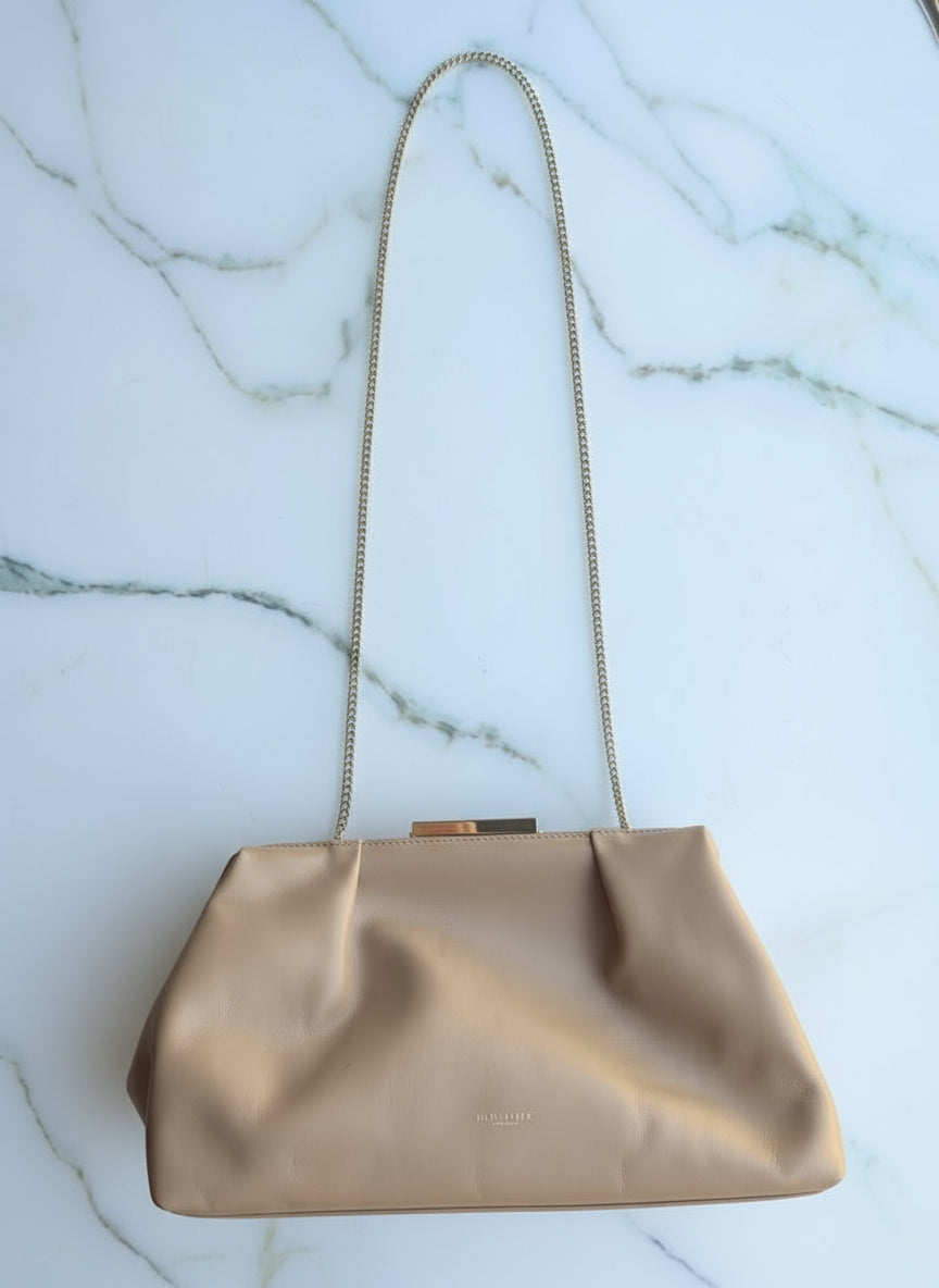 DeMellier brown letahe bag purse clutch gold metal chain luxury designer 