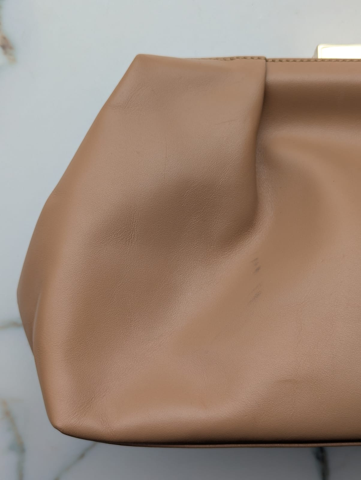 DeMellier brown letahe bag purse clutch gold metal chain luxury designer 