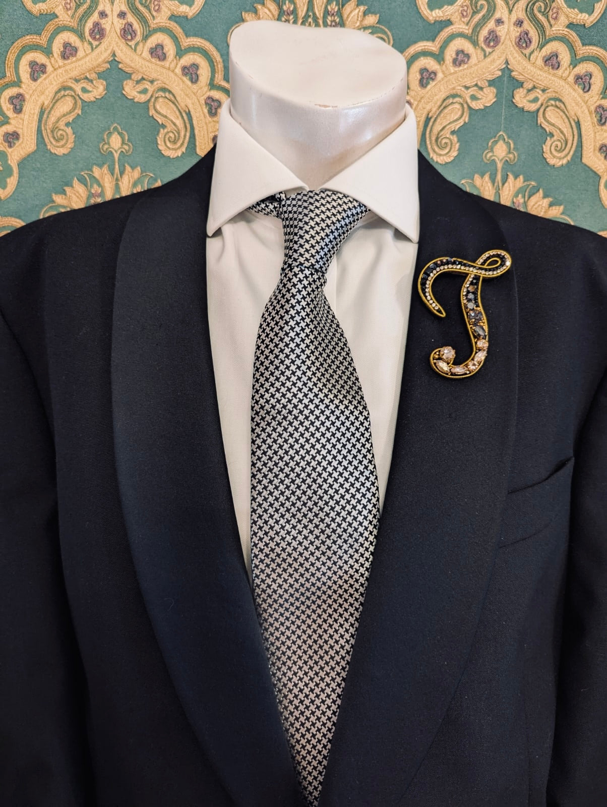 Broochella Men's Initial Alphabet brooch pin gold black hand beaded sequin crystal  handmade designer luxury J