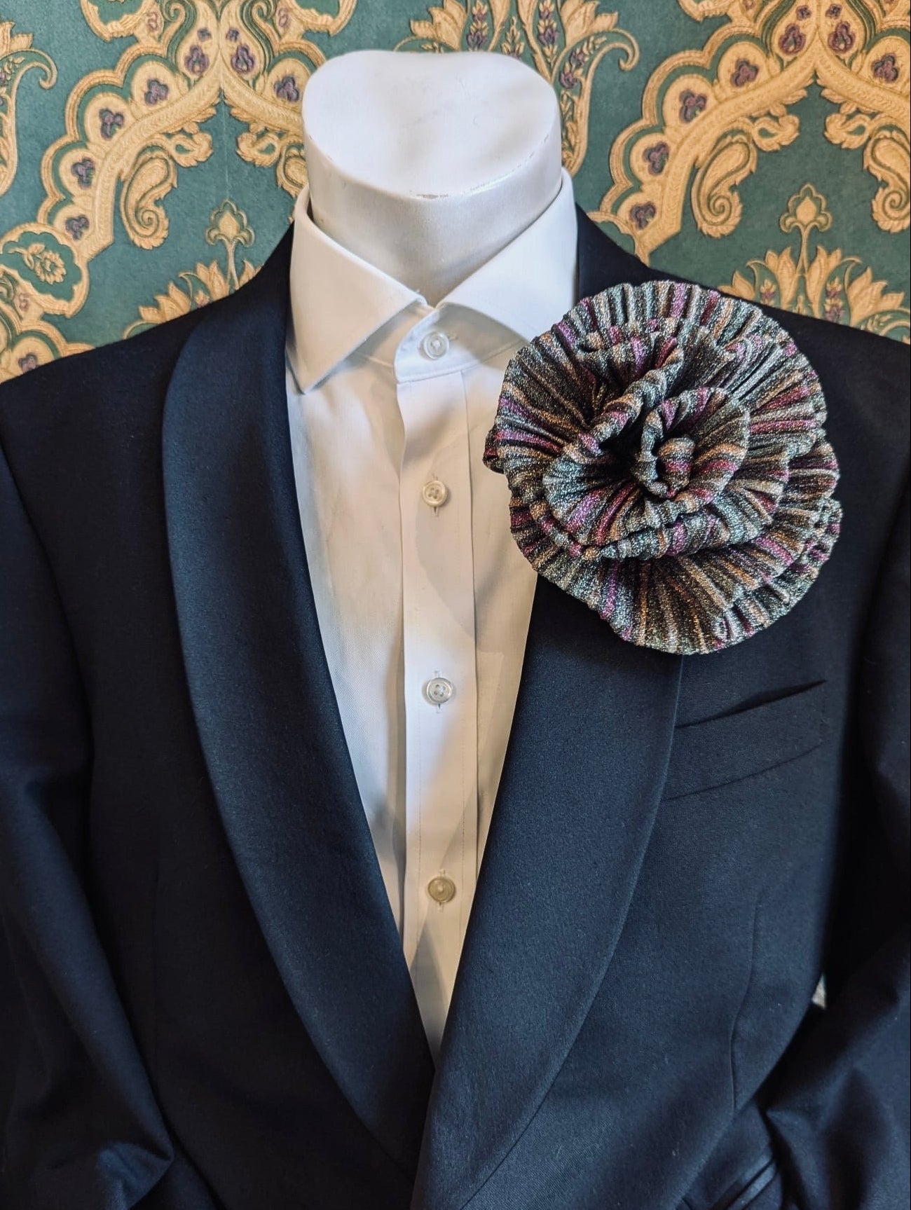 Broochella Wonka brooch metallic stripe flower handmade luxury designer men's women's green