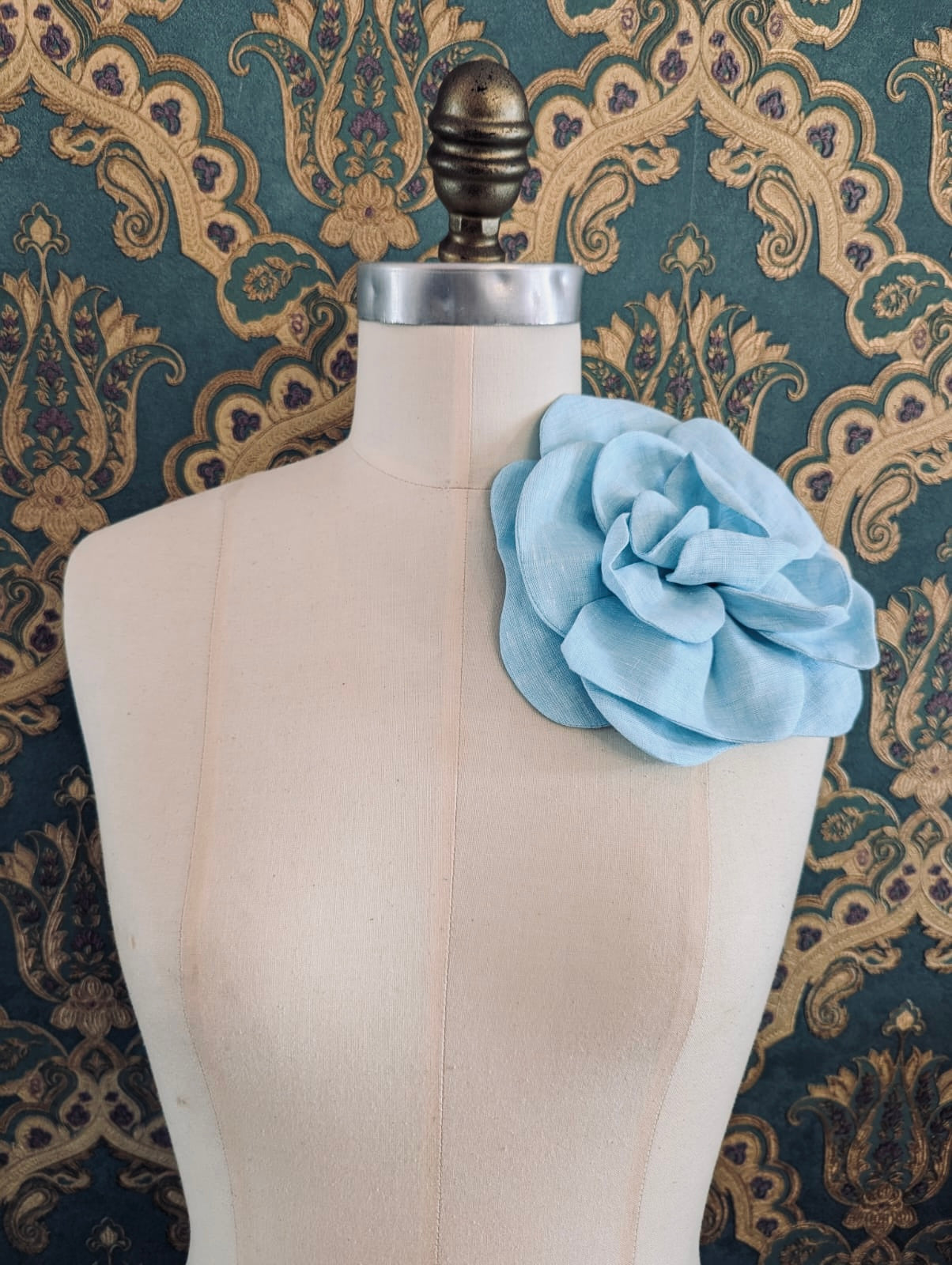 Broochella Florella large flower brooch pin linen handmade luxury designer women’s men’s accessory blue