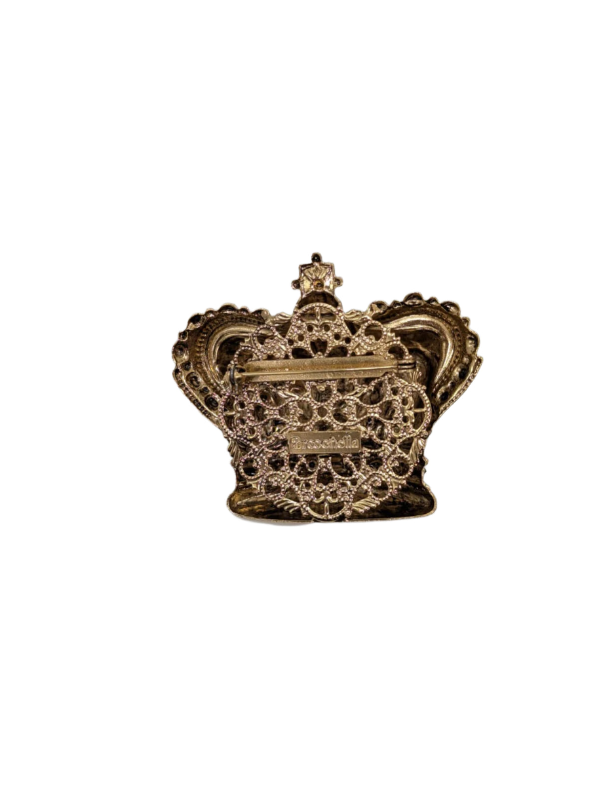 Broochella Men's Regina Crown brooch pin Sacro Cuore gold tone metal red crystal embellishment luxury designer