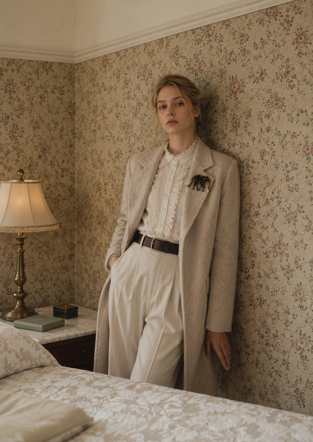 A woman stands in a vintage-style bedroom wearing a long beige overcoat, cream pleated blouse, and cream trousers with a dark belt. The room features floral wallpaper, a lit table lamp on a side table, and a bed in the foreground. She is wearing a Broochella Animalia Elephant brooch