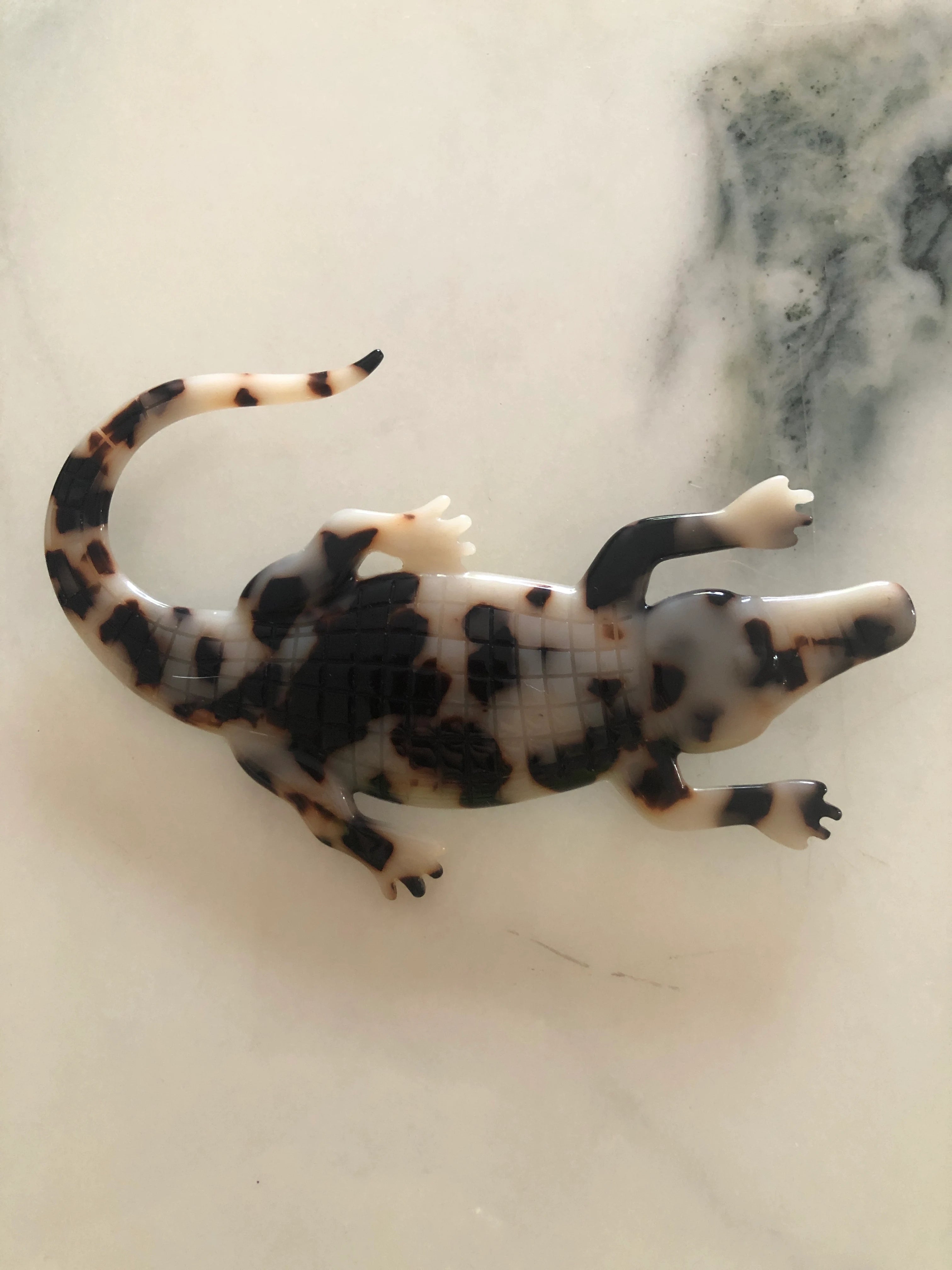 Broochella animalia collection beige, brown and black tortoiseshell crocodile handmade designer cellulose acetate brooch.  Pictured on a white marble table