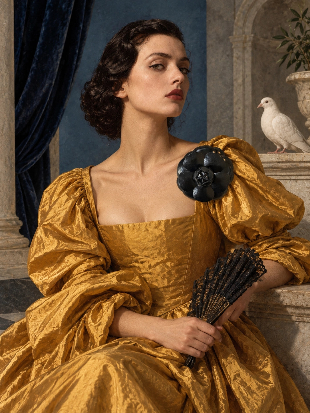 A woman in a voluminous golden brocade gown with a Broochella camelia black leather flower applique on the shoulder, holding a black fan, posed in an ornate interior with a white dove on a stone ledge.