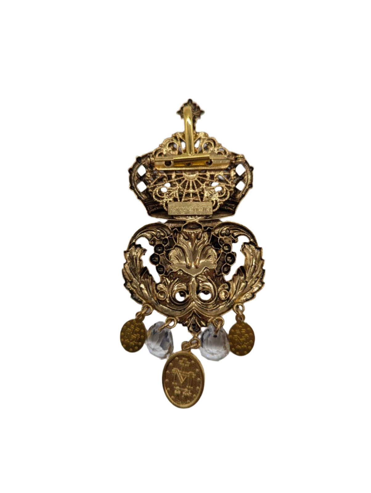 Broochella brooch to necklace to converter in gold.  It is pinned to a broochella brooch. The background is white