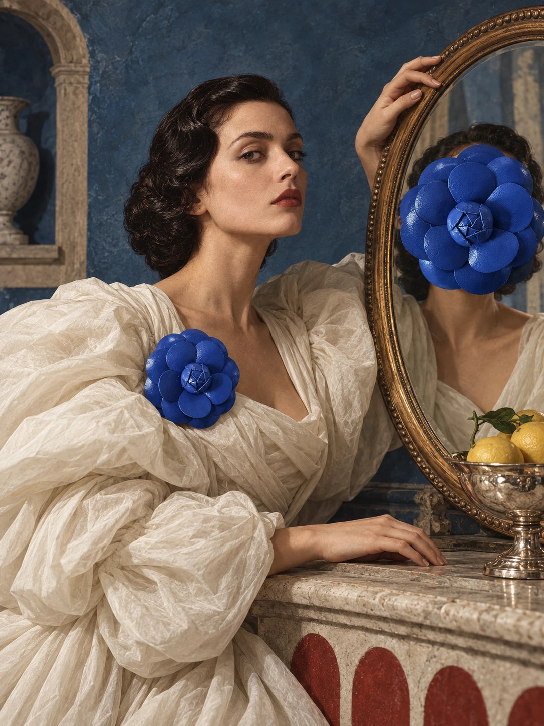 A woman in a voluminous cream gown leans against a marble console beside a gold-framed mirror, wearing a large Broochella blue leather camelia flower embellishment on her shoulder. Her reflection is visible in the mirror, along with lemons in a silver bowl and a blue wall background.