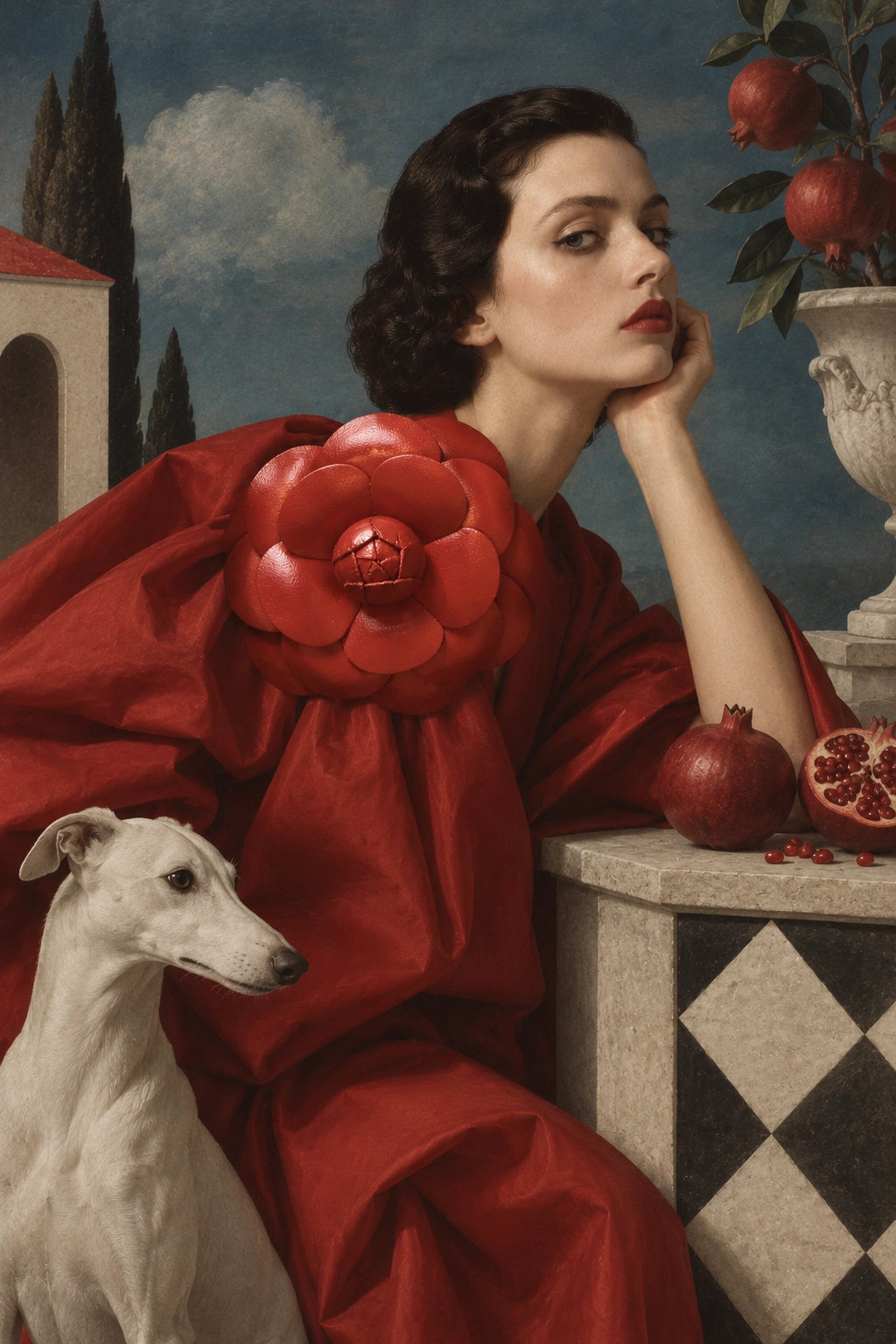 A classical-style painting of a woman in a voluminous red gown seated beside a white dog, with pomegranates and a classical urn and landscape in the background. She is wearing the Broochella red leather camelia flower brooch.