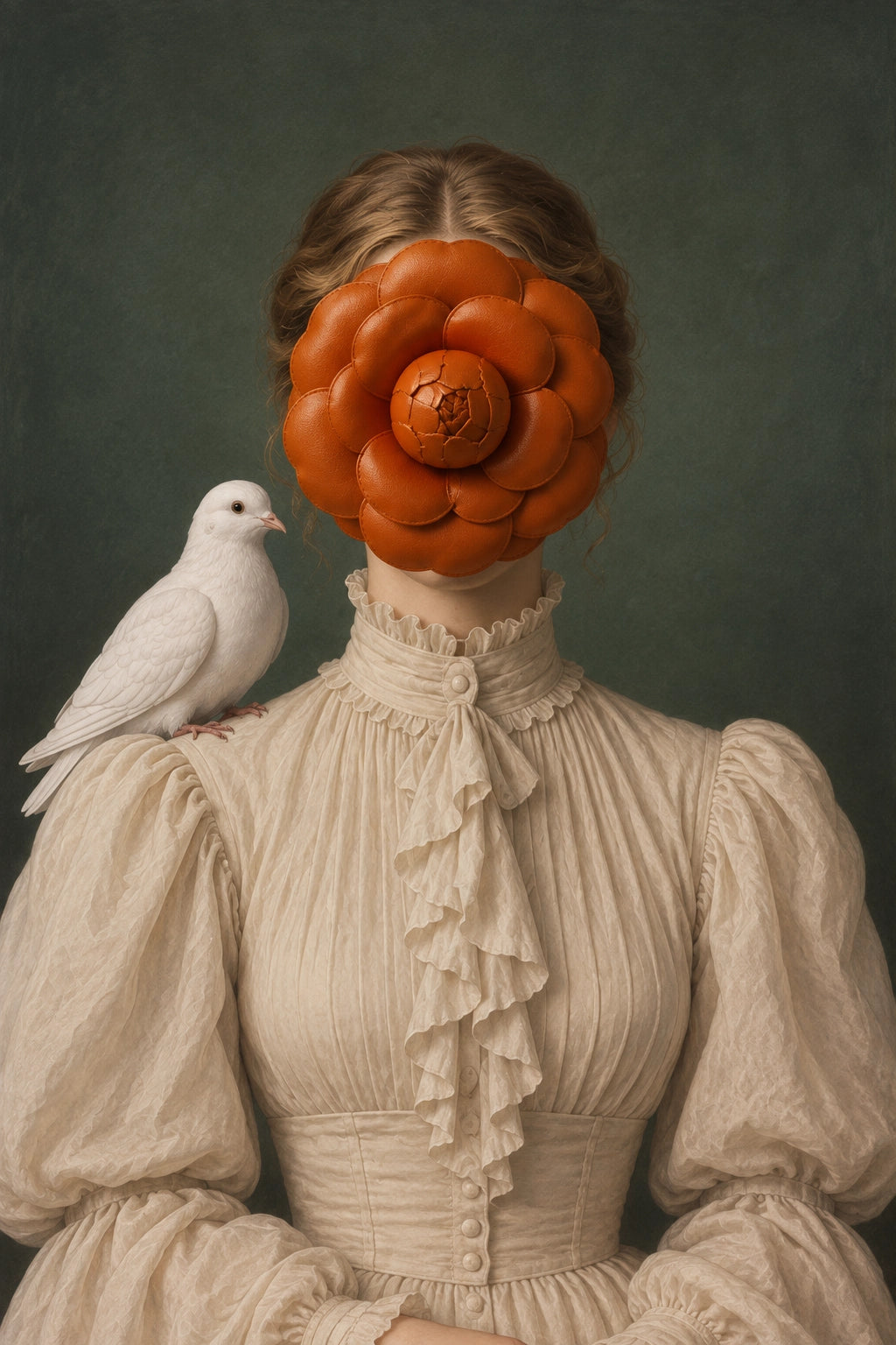 A surreal portrait of a woman in a cream ruffled Victorian-style dress against a dark green background, with a white bird on her shoulder and a Broochella camelia orange leather flower brooch replacing her face.
