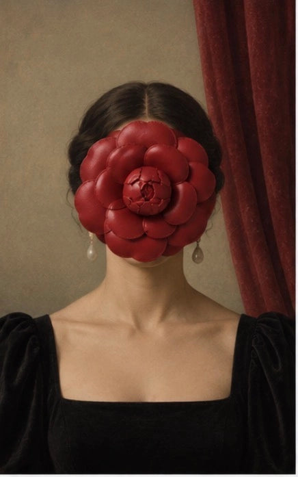 A portrait-style artwork showing the upper body of a woman with dark hair, wearing a black velvet-like dress and a large red Broochella leather camelia flower brooch as a mask or prosthetic covering the face, set against a muted beige wall with a dark red curtain on the right.