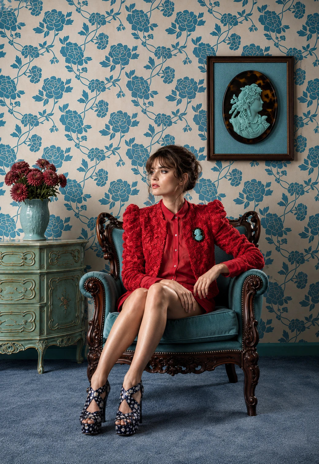 A woman sits in an ornate teal armchair against a blue floral wallpaper background, wearing a bright red textured jacket and matching red dress with a Broochella La Bella Figura Tortoiseshell cameo  brooch in aqua. A framed artwork hangs on the wall, and a pale green side table with red flowers is visible to the left.