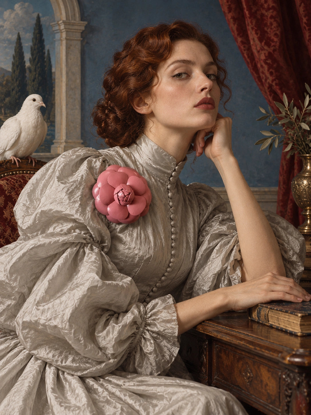 A woman in a vintage-style silver gown with a Broochella  pink camelia flower brooch accent on the shoulder, posed in an ornate interior with a blue wall, red curtains, a wooden table, and a white dove in the background.