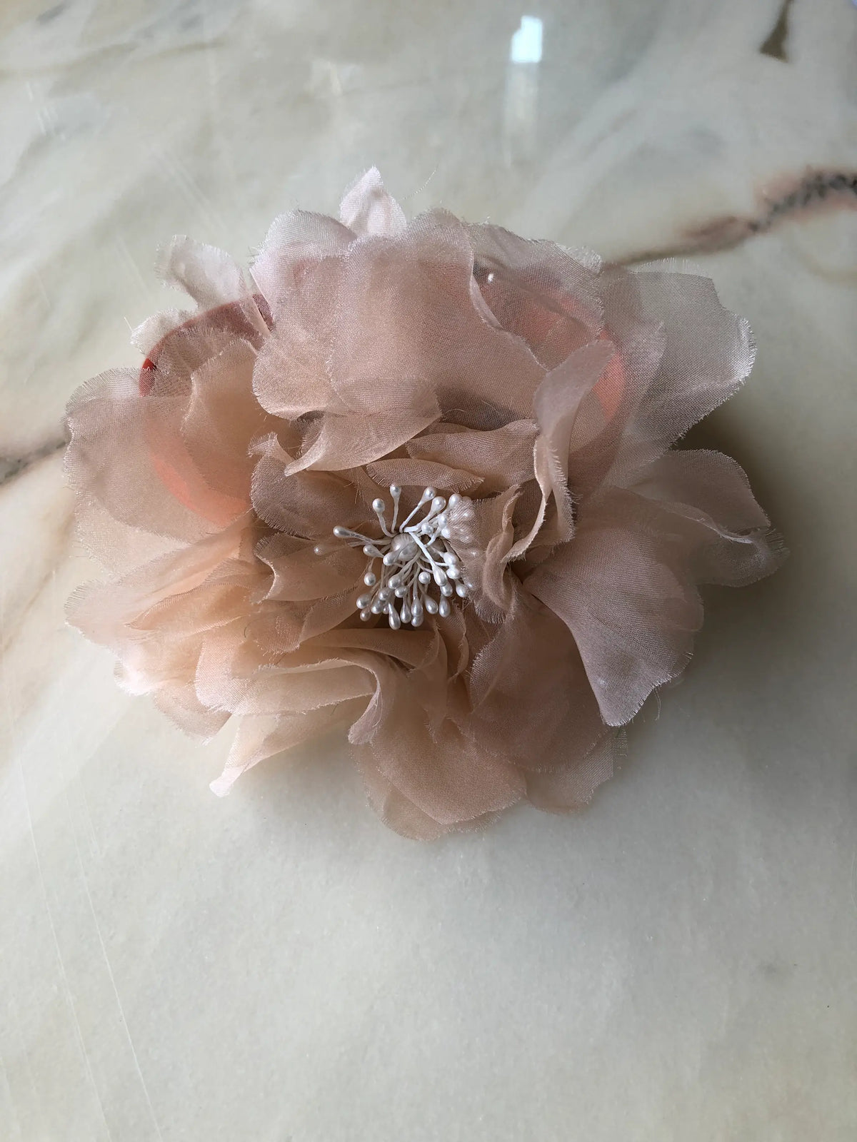 Broochella Poochella Aubrieta peach pet flower featuring soft, layered champagne-peach sheer petals and delicate white pearl-like stamens, attached to an orange dog collar, photographed on cream marble with natural grey veining.