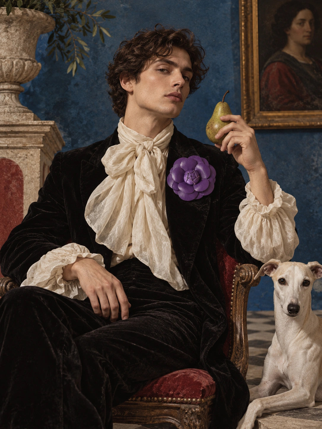 A man in an ornate black velvet and cream ruffled historical outfit sits in a chair, holding a pear, with a white dog beside him in an indoor scene with blue walls and framed art. He is wearing the Broochella leather camelia flower brooch.