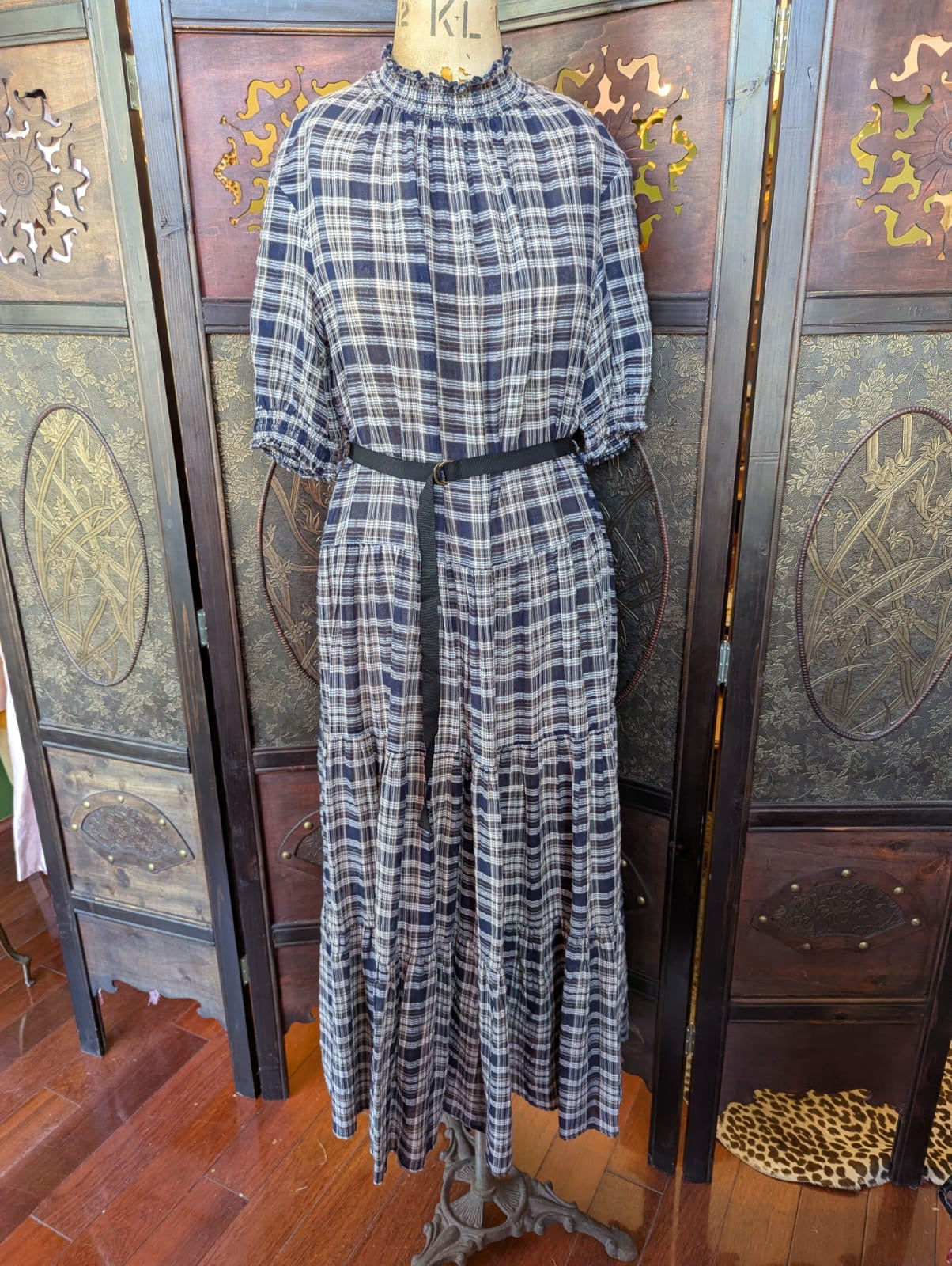 Broochella The Stylist's Closet Sylvester by Kate Sylvester designer navy, cream and brown cotton plaid dress in size medium  on a mannequin in front of a decorative screen