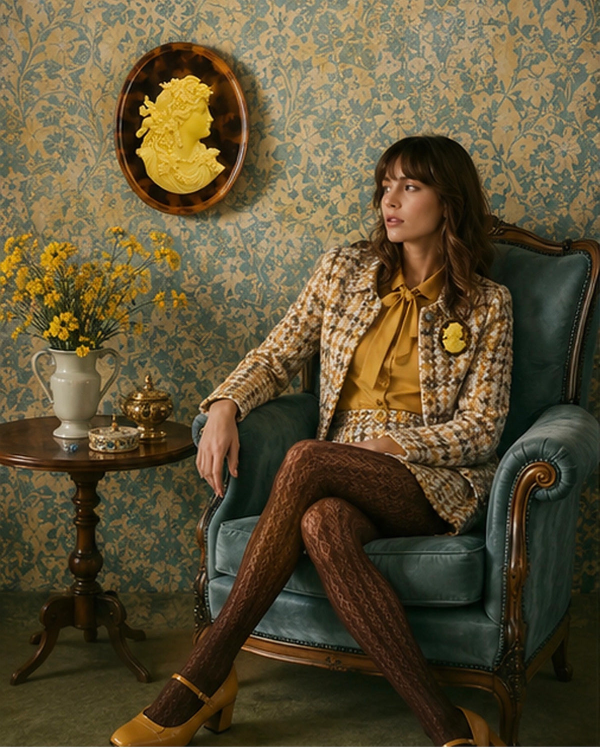 A woman sits in a teal armchair in a vintage-style room with patterned wallpaper, wearing a beige and brown tweed blazer over a mustard yellow top, brown lace tights, and yellow shoes. A small side table with yellow flowers and a decorative mirror hangs on the wall. She is wearing the Broochella La Bella Figura Cameo Brooch in yellow