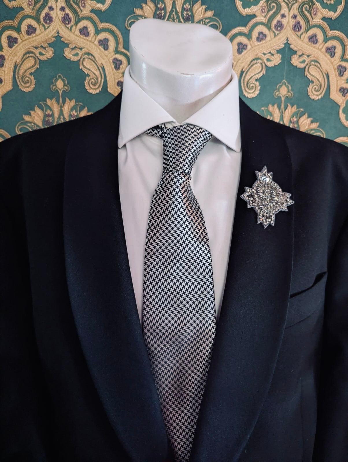 Broochella men's Star Burst Brooch pin silver grey crystal bead embellishment hand beaded handmade luxury designer