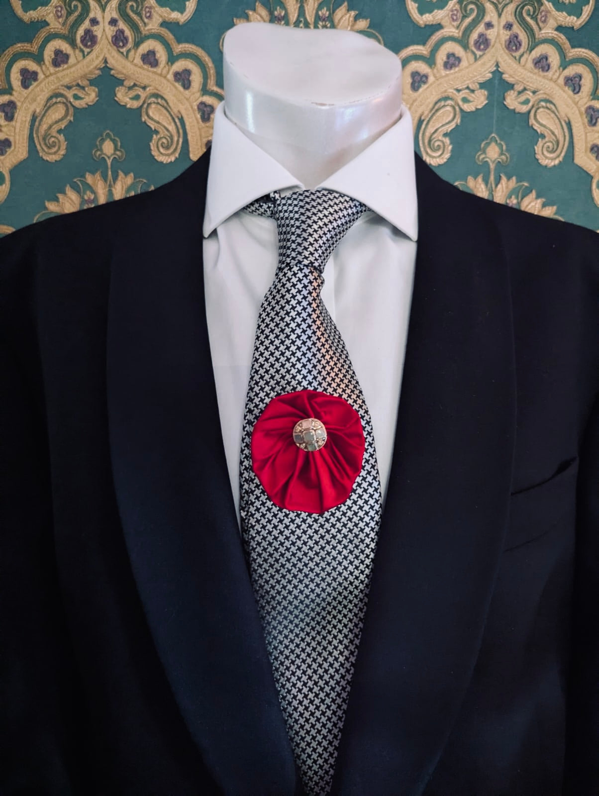 Broochella Men's  lollipop brooch pin silk handmade gold button embellishment designer luxury small red