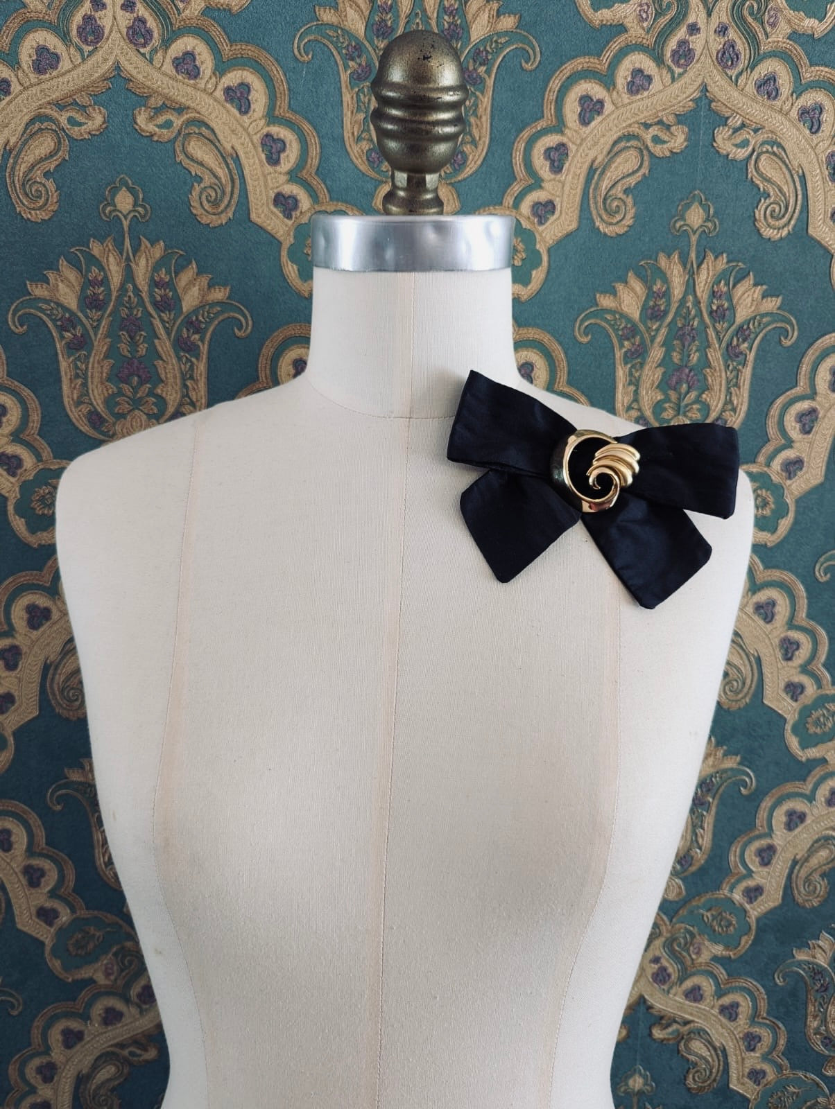 Broochella Noir decadence Bow brooch pin vintage gold tone metal embellishment handmade black silk men's women's luxury designer 