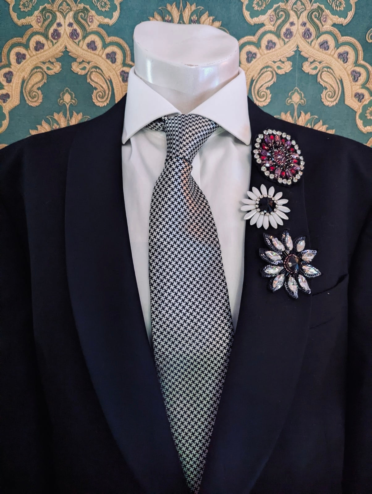 Broochella Men's Flower brooch pin trio  set hand beaded crystal white red crystal handmade luxury designer 