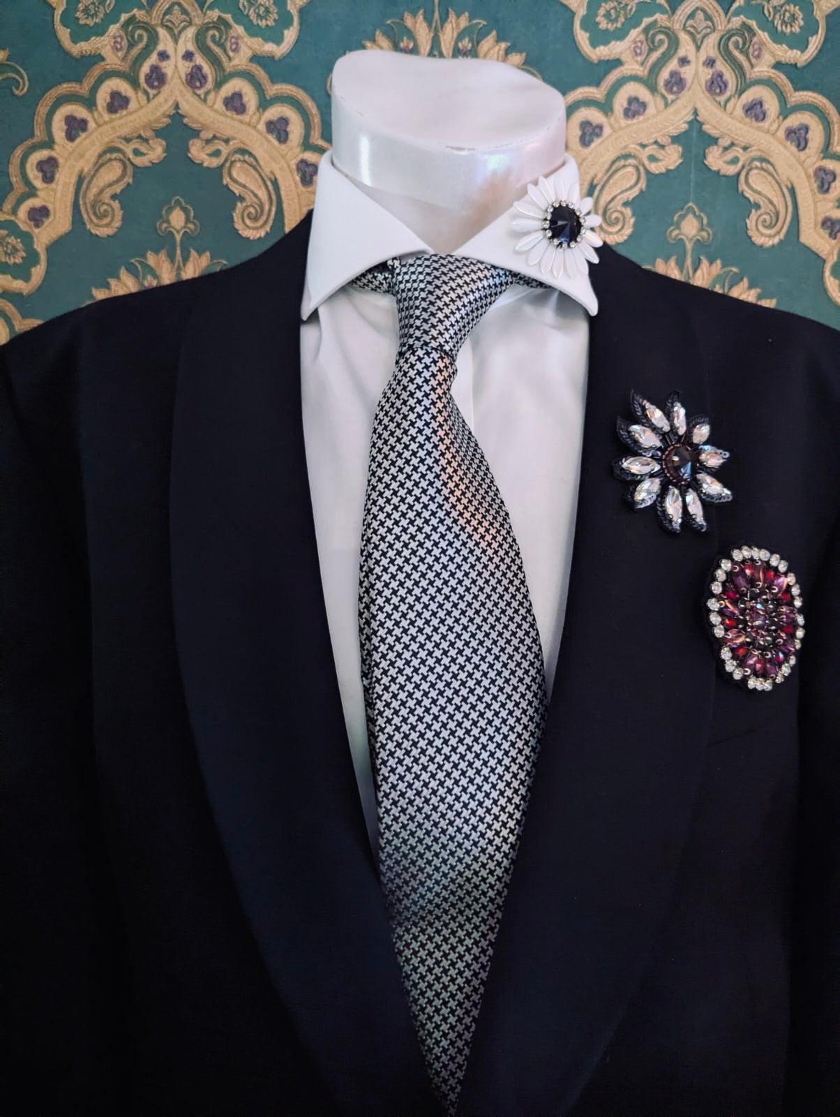 Broochella Men's Flower brooch pin trio  set hand beaded crystal white red crystal handmade luxury designer 